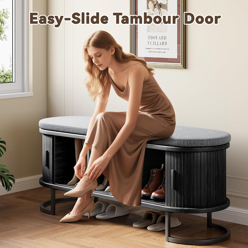 Decofy Shoe Storage Bench with Cushion and Sliding Doors, 47.2 Inch Shoe Benc...