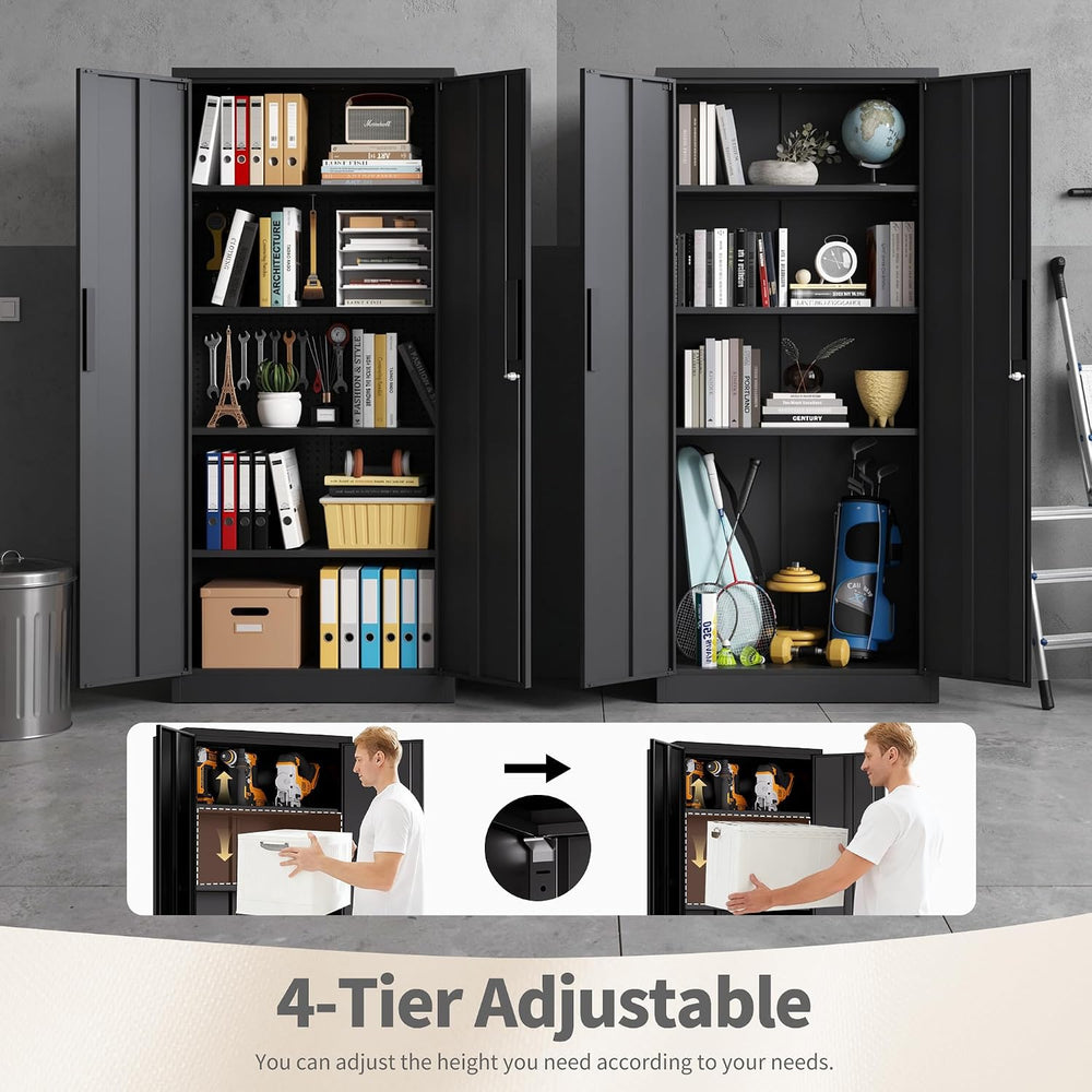 Metal Storage Cabinet with Lock, 72"H Garage Storage Cabinet, Black