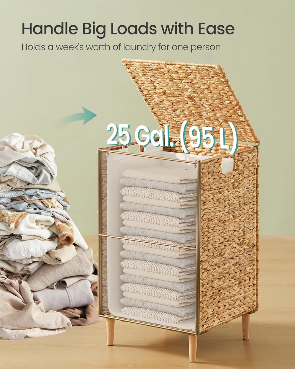 SONGMICS Laundry Hamper With Lid, 95 L Wicker Handwoven Water Hyacinth