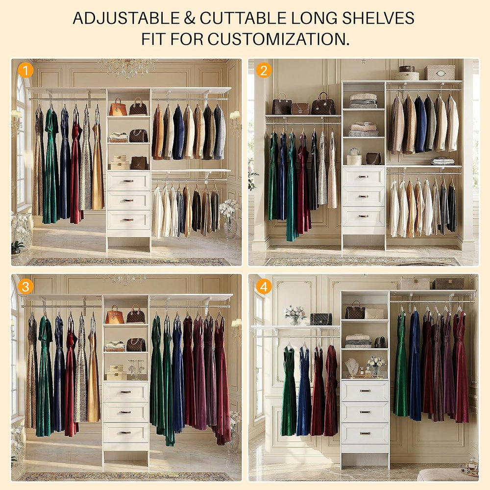 8FT Closet System with 3 Curved Drawers, 96'' Wooden Walk-in Closet O...
