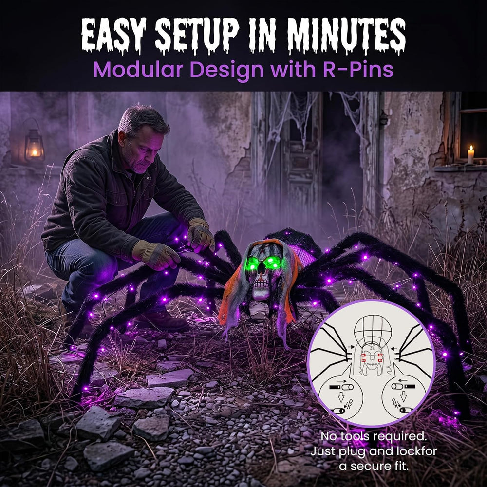 52" Halloween Giant Skull Face Spider, Lighted Outdoor Decoration with F...