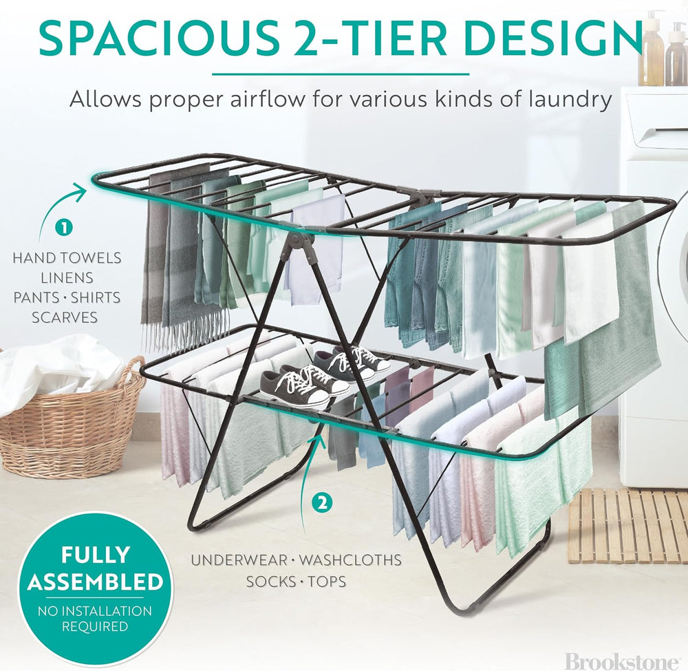 Brookstone 2 Tier Folding Rack - Indoor/Outdoor Collapsible Clothes Dryer Sta...