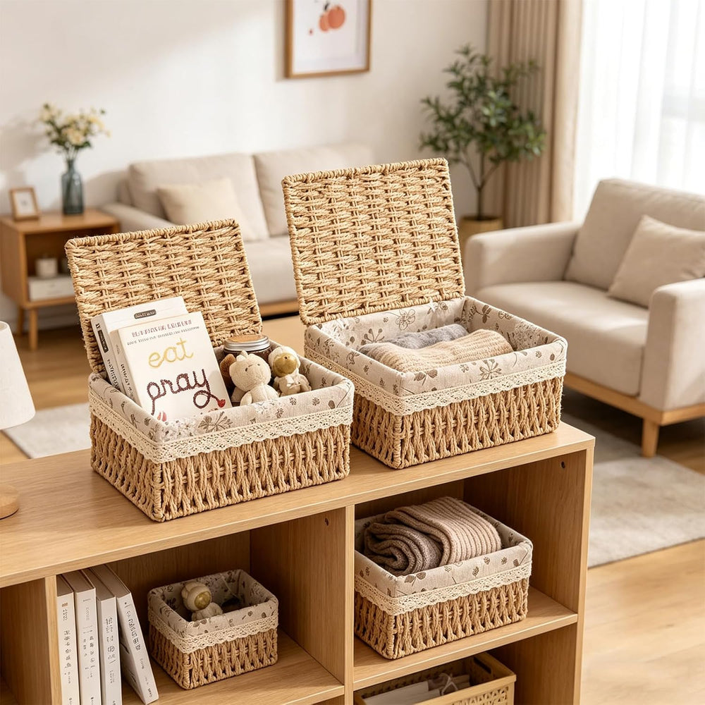 Wicker Storage Baskets with Lids, Set of 3 Nesting Natural Rattan Organizer B...