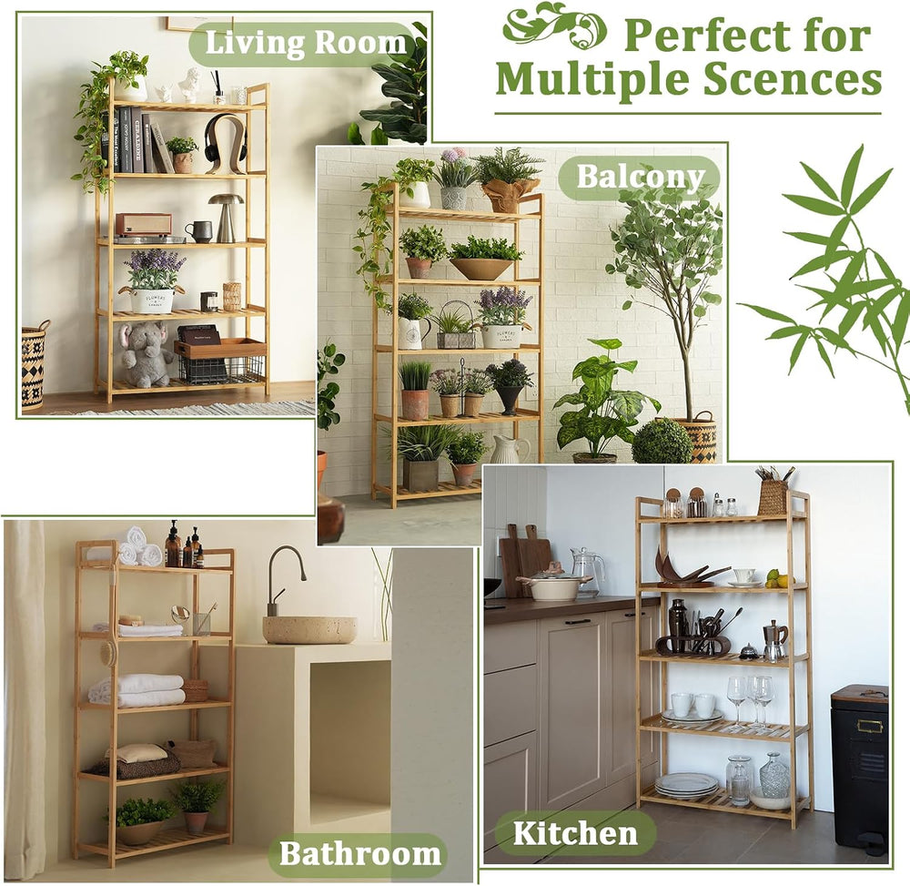 Bamboo Bathroom Shelf Organizer, 5 Tier Wooden Bathroom Rack with Adjustable ...