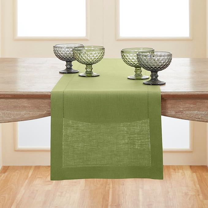 Solino Home Linen Moss Green Hemstitch Table Runner 36 Inches - 100% Pure Lin...