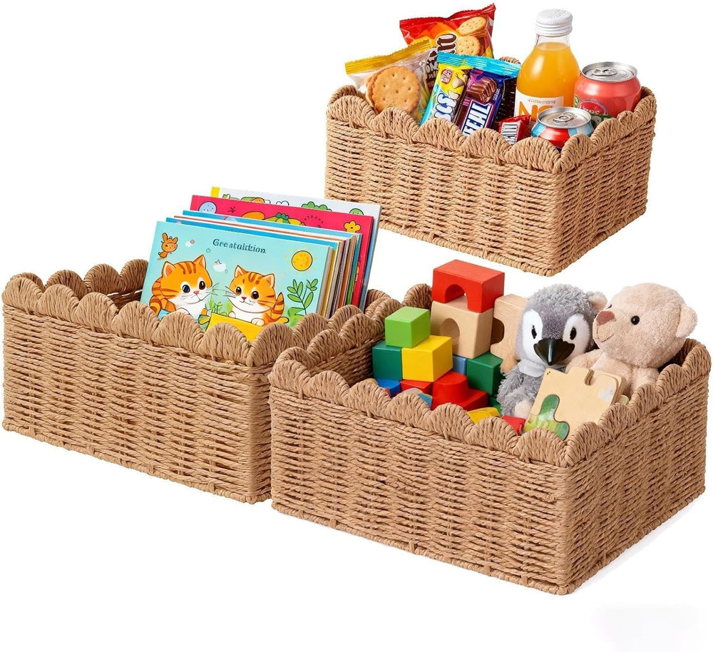 3 Pcs Wicker Baskets for Organizing,Scalloped Baskets, Hand-woven Wicker Stor...