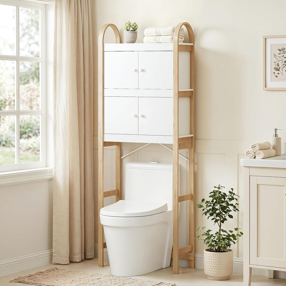 UTEX Over the Toilet Storage Cabinet with Doors, Arched Bamboo Frame, White