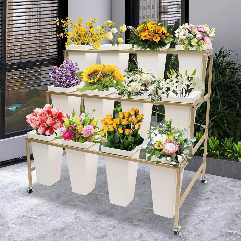 DYRABREST 3 Tier Flower Display Stand Metal Plant Stand with 12pcs Buckets an...