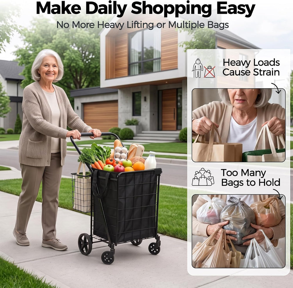 Foldable Shopping Utility Cart Portable Grocery Cart with 360° Whees Double W...