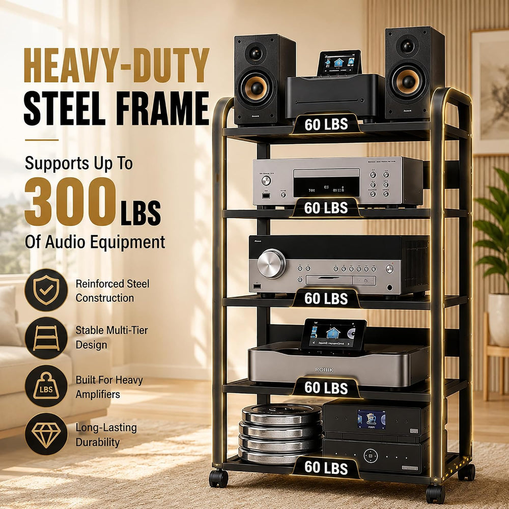 5 Tier Av Media Stand with Wheels, 39in Adjustable Audio Rack