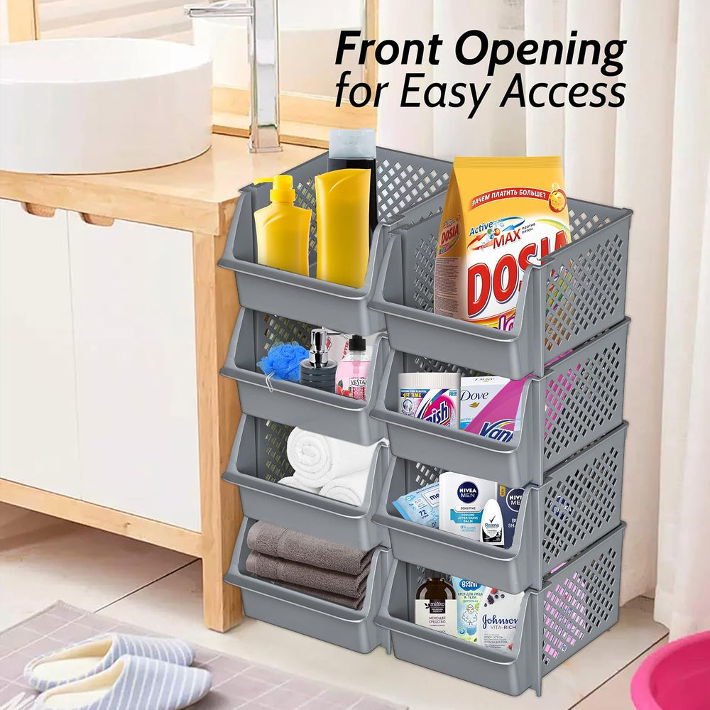 Skywin Stackable Storage Bins Open Front for Pantry Storage, 4 Pack - Grey