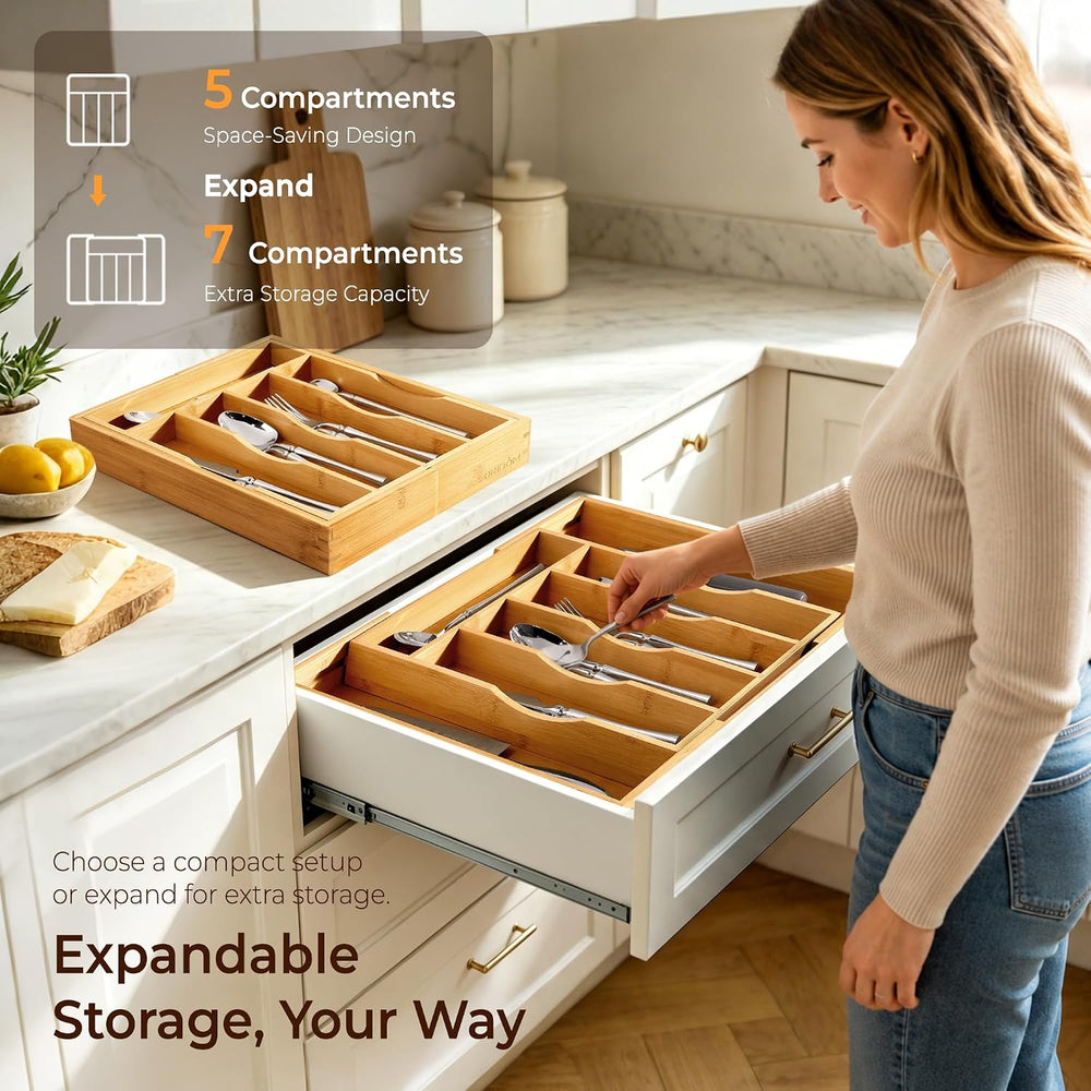 Expandable Bamboo Kitchen Drawer Organizer for Cutlery and Utensils, Adjustab...