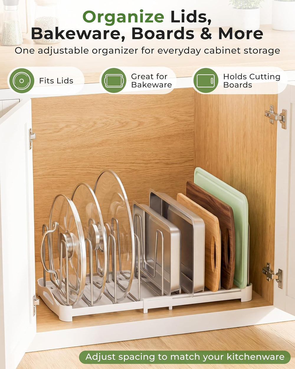 EVERIE Adjustable Cabinet Organizer for Pot Lids, Bakeware, Cookie Sheets &am...