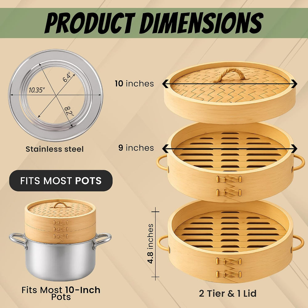 10 Inch 2-Tier Bamboo Steamer Basket for Cooking Dumplings, Dim Sum & Asi...