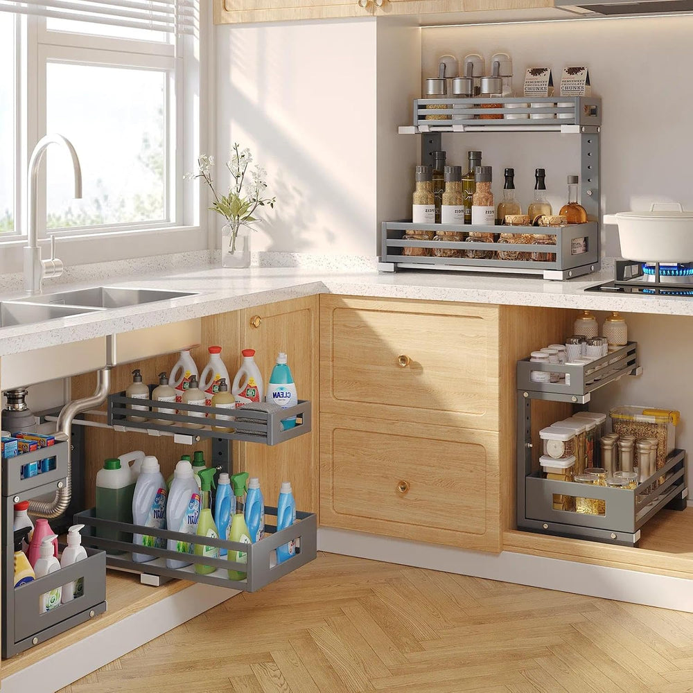 2-Pack Under Sink Organizers and Storage,2-Tier L Shape Pull Out Cabinet Orga...
