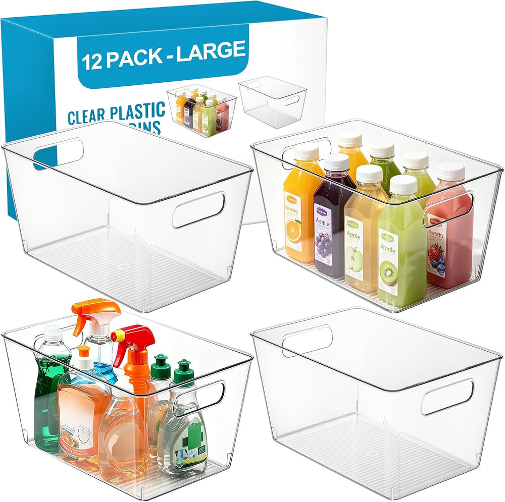 Tiawudi 12 Pack Large Clear Storage Bins, Pantry Organizers with Handles