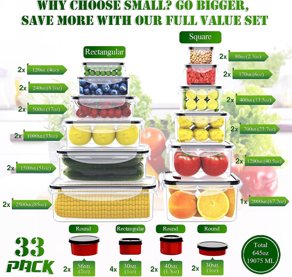 RockBerry 66 Pcs Food Storage Containers with Lids Airtight, Total 19075ML