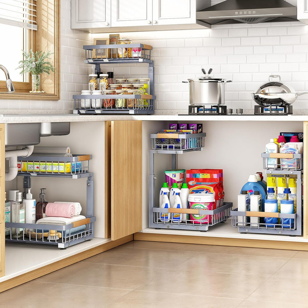 PXRACK Under Sink Organizer, Adjustable Height, 2 Tier Pull Out Under Cabinet...
