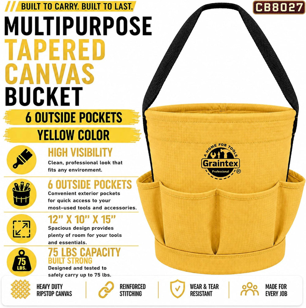 Graintex Tapered Canvas Bucket 12"x10"x15", Utility Tool Bucke...