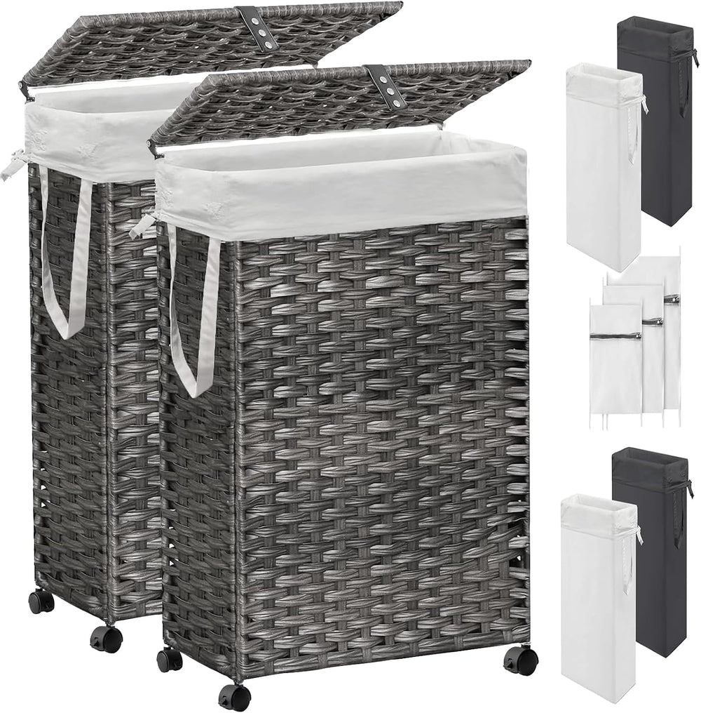 70L Slim Laundry Hamper with Lid & Wheels, 2-Park Rolling Laundry Basket ...