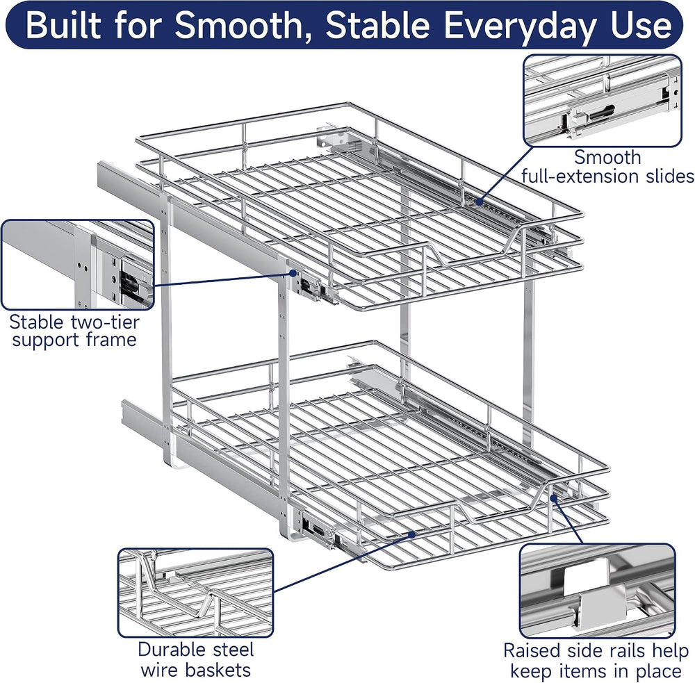 2-Tier Pull Out Cabinet Organizer, 16.5" W x 21.5" D, Heavy Duty Du...
