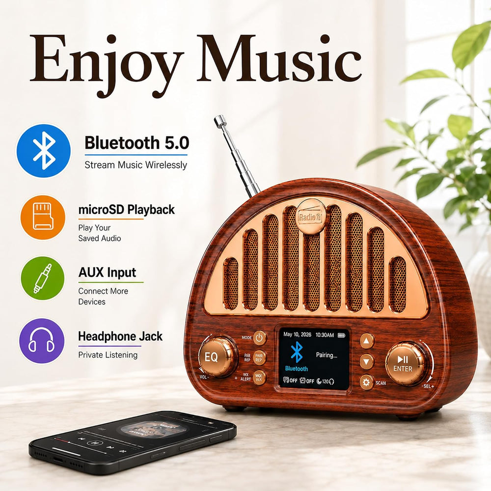 Retro Alarm Clock Radio with Bluetooth, Dual Alarms and NOAA Weather Alert