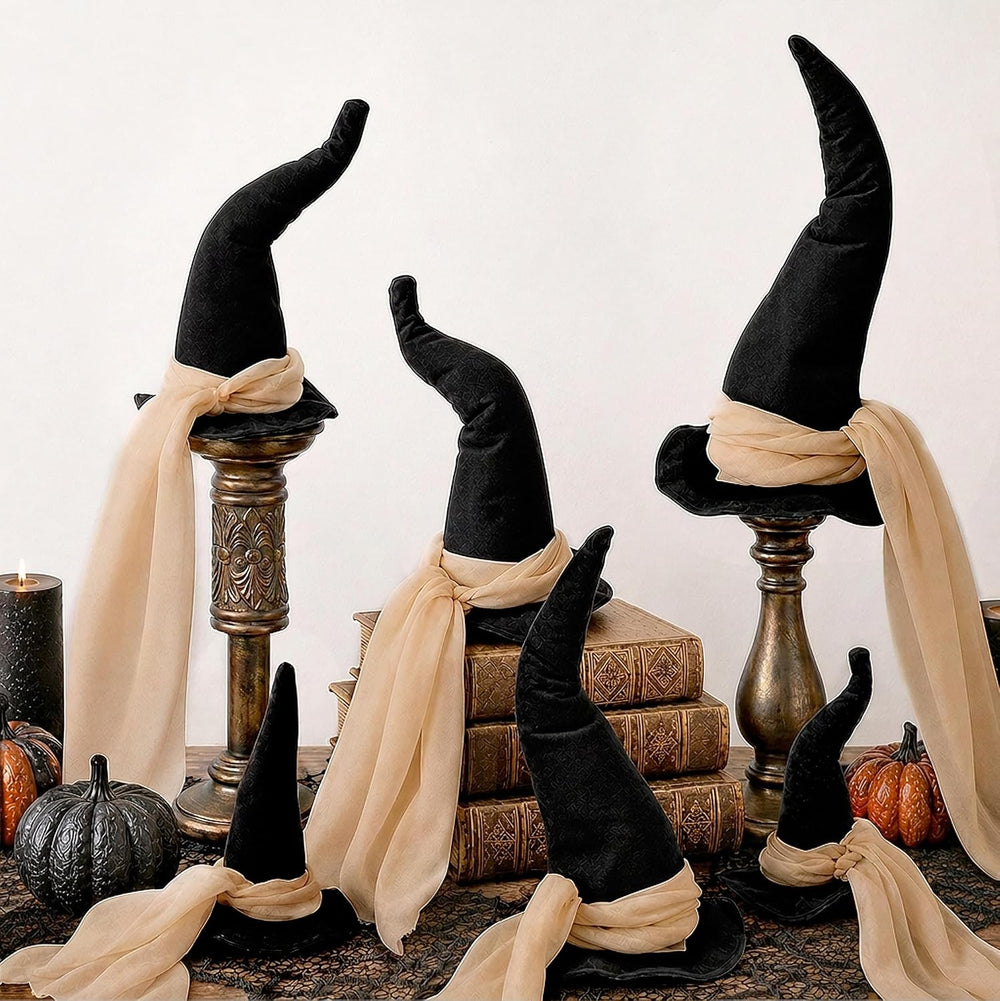 6 Pcs 3 Size Halloween Witch Hat Table Centerpieces with Gauze Ribbon