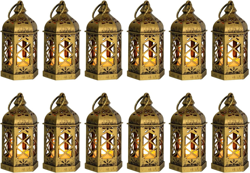12-Pack Mini Gold Lanterns with Flickering LED Candles for Ramadan, Small Dec...
