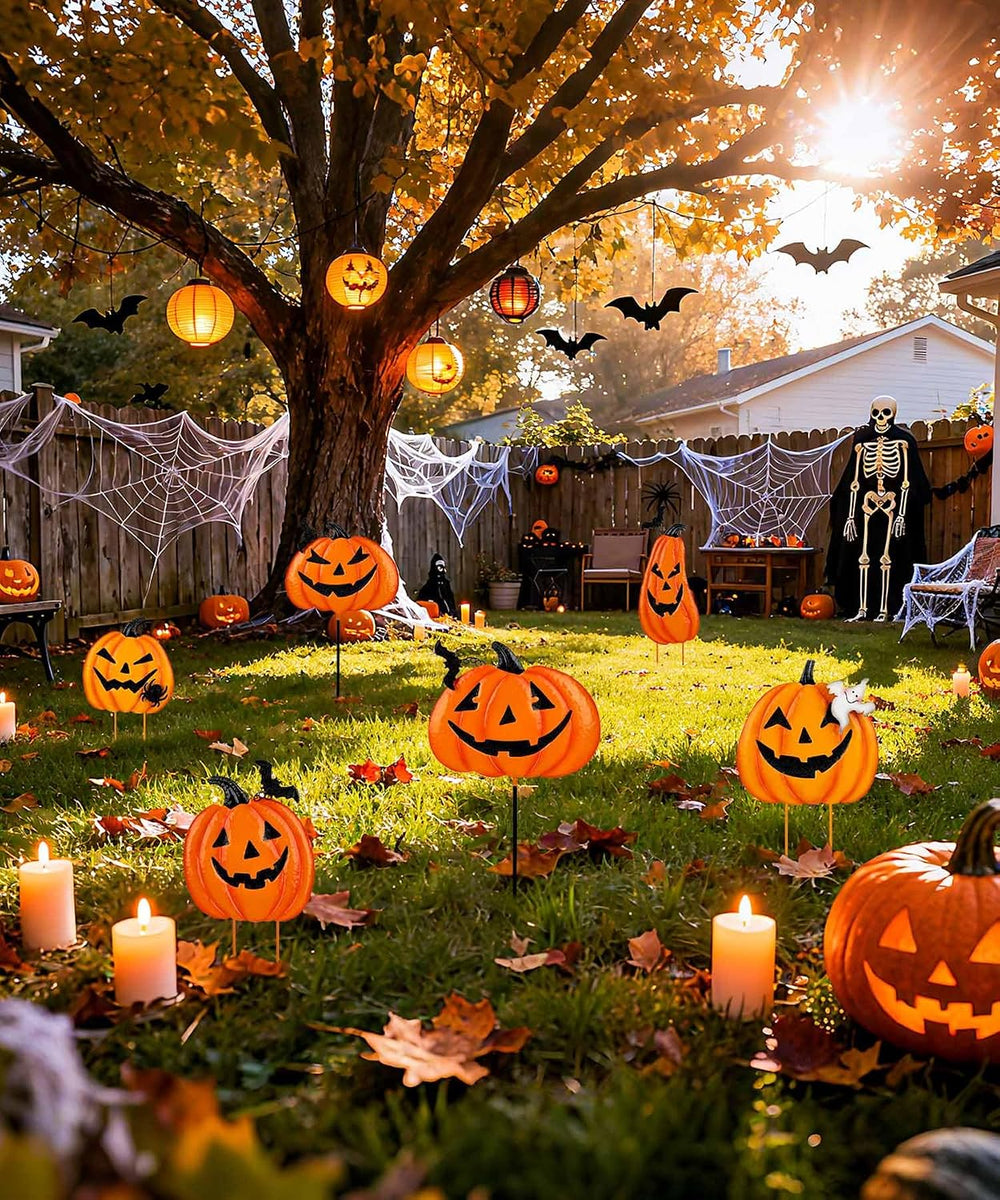 2 Pack Halloween Garden Stakes - Stacked Metal Pumpkins Jack-o-Lantern Lawn D...