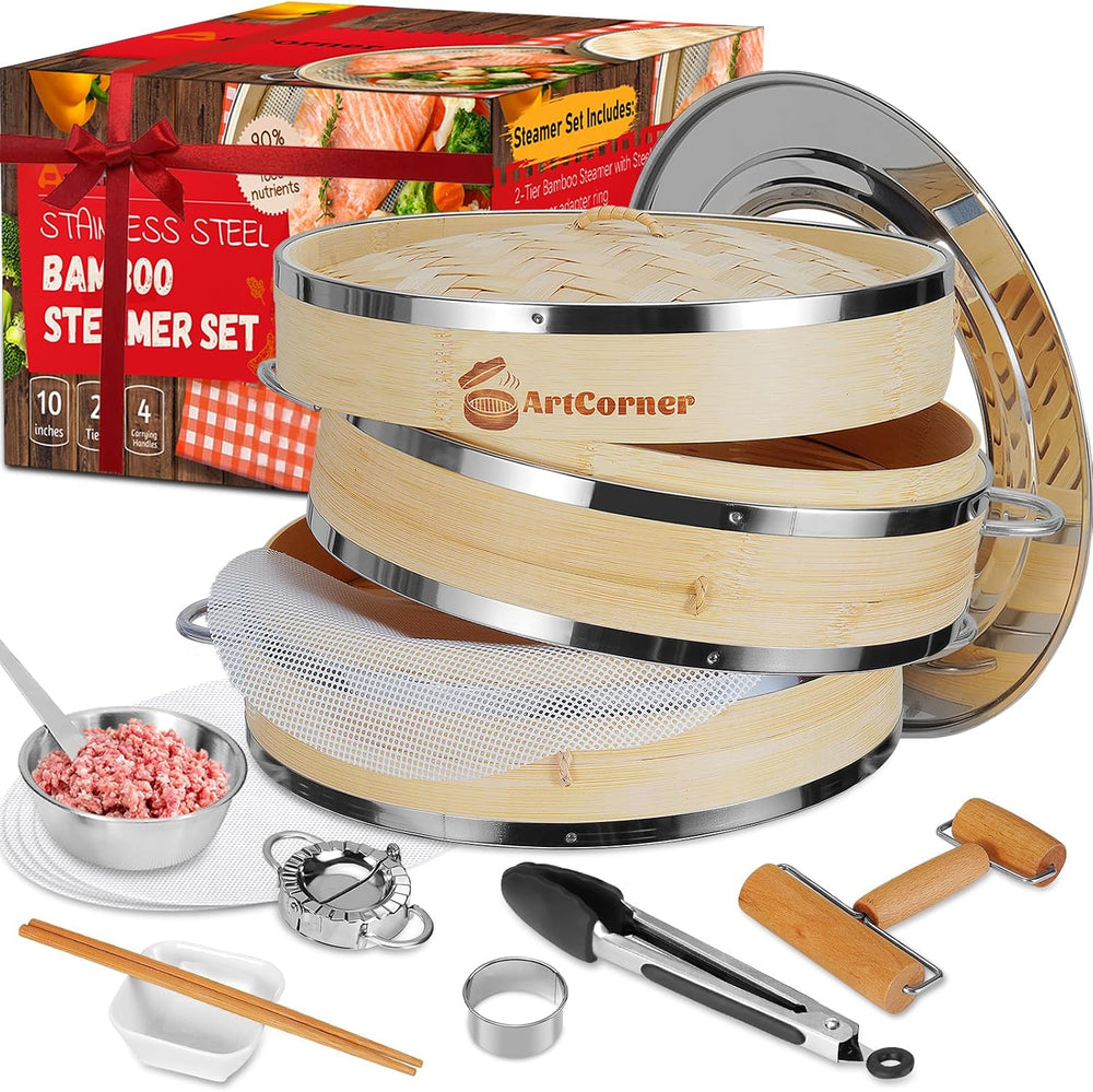 10 Inch Bamboo Steamer Basket Set, 2-Tier with Heat-Resistant Handles and Sta...