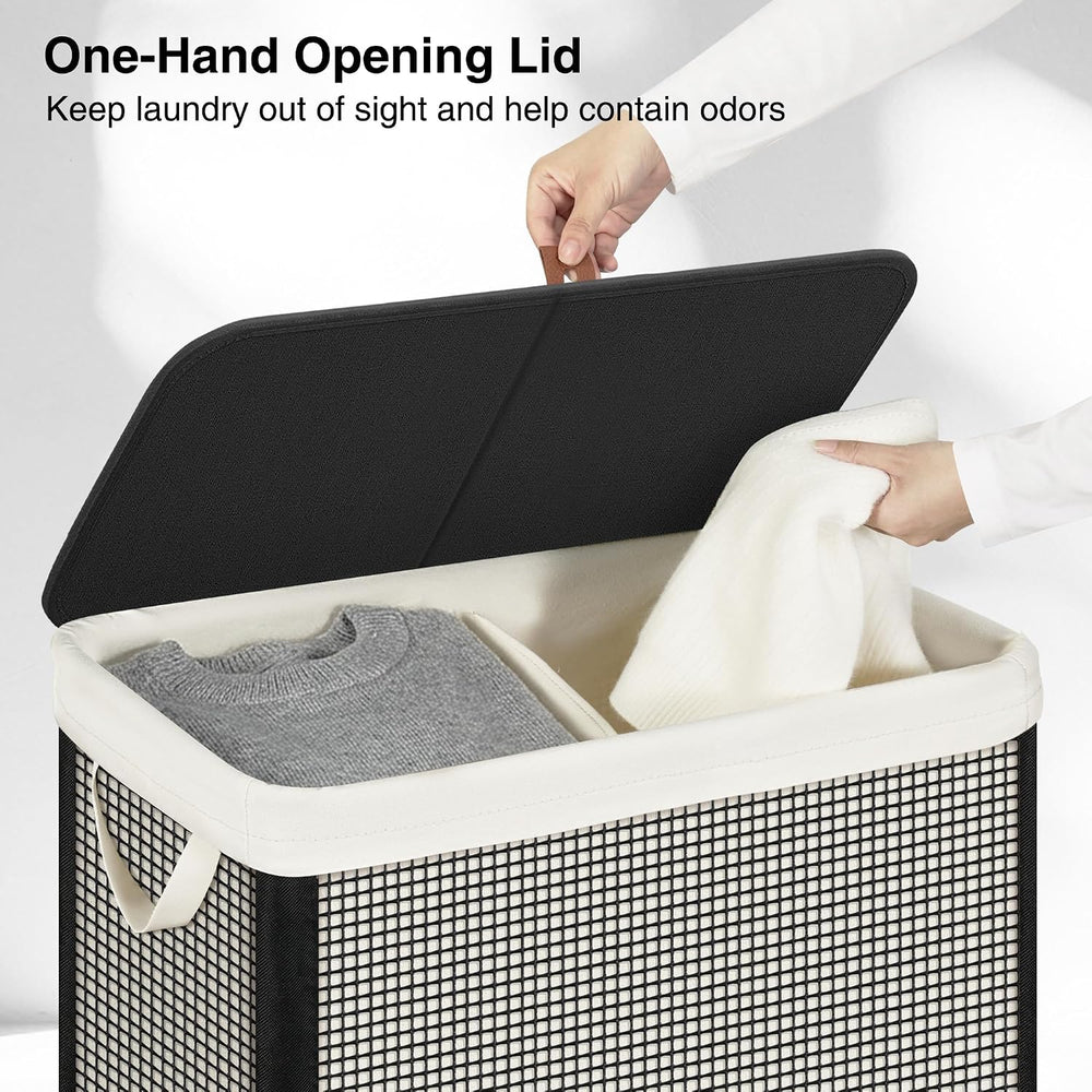 2 Section Laundry Hamper with Lid, 140L Steel-Frame Double Laundry Hamper wit...
