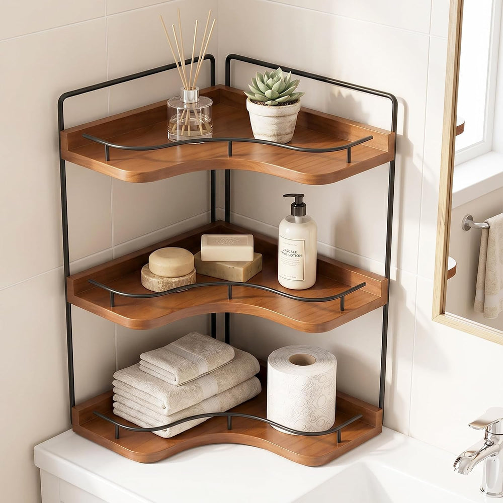 3-Tier Corner Bathroom Counter Organizer, Solid Wood Corner Shelf