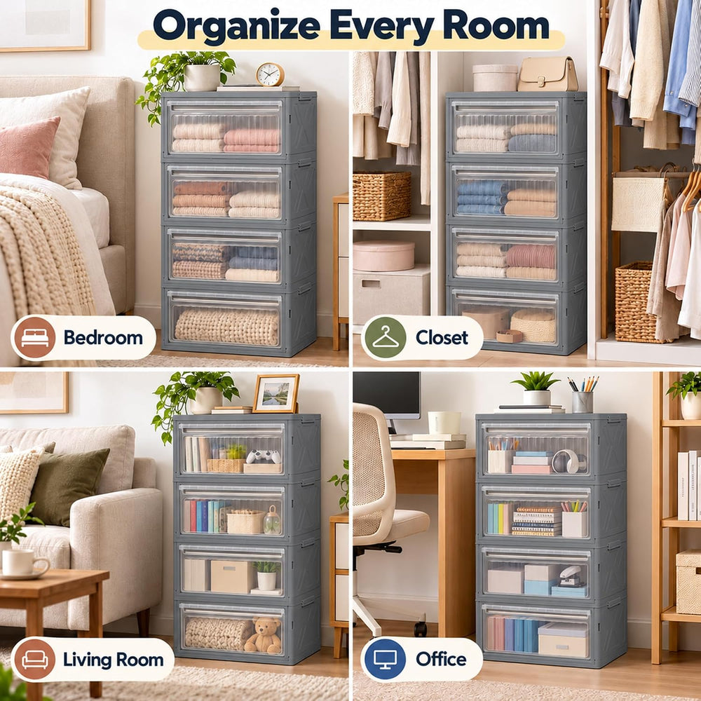 4 Tier Stackable Storage Bins with Lid, 132QT Collapsible Cabinet with Door