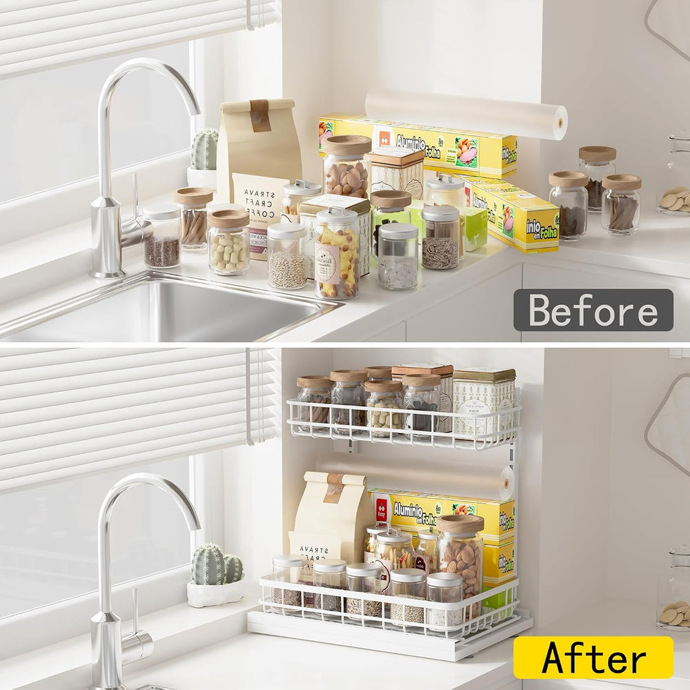 Under Sink Organizer, Adjustable Height Pull-Out Kitchen Storage Organization...