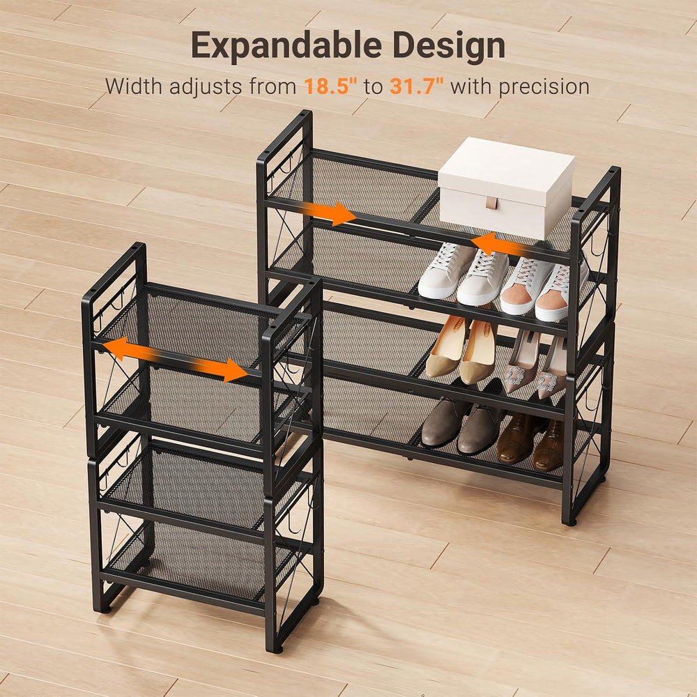 Expandable Shoe Rack for Closet, 4-Tier Metal Black Shoe Organizer