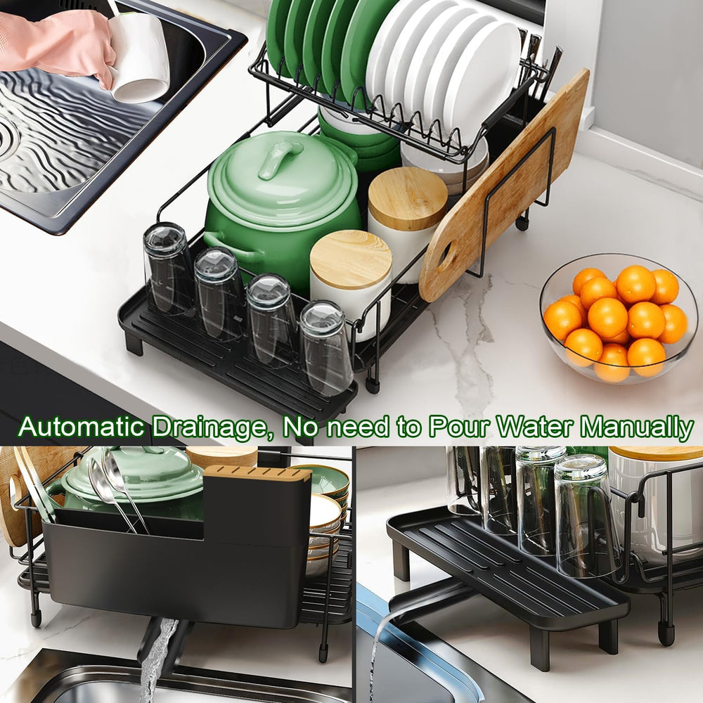 Runnatal Large 2-Tier Dish Drying Rack for Kitchen Counter, Black