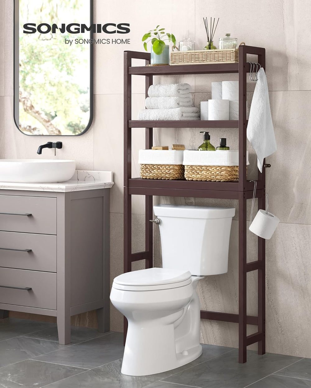 SONGMICS 3-Tier Bamboo Over The Toilet Storage, Adjustable Shelf, 66.9'&#...