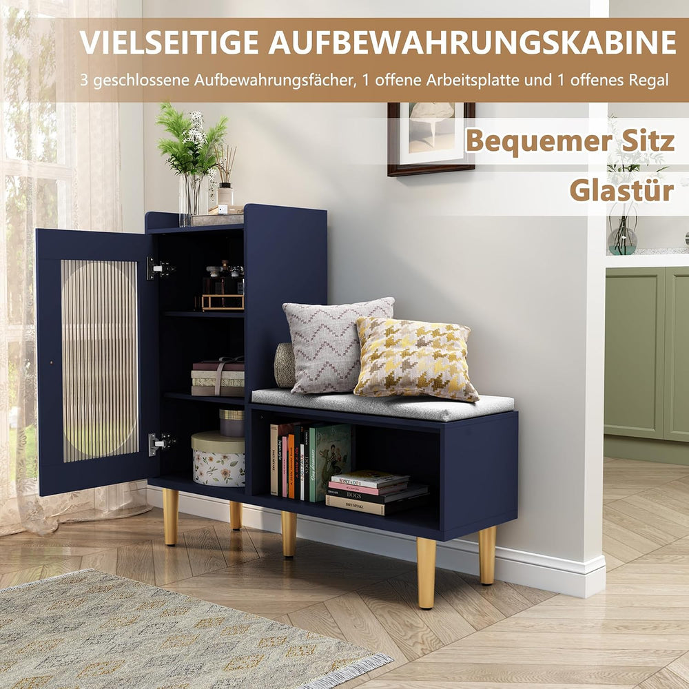 HLR Shoe Storage Bench with Glass Door&Shelf, L-Shaped Shoe Cabinet, Blue