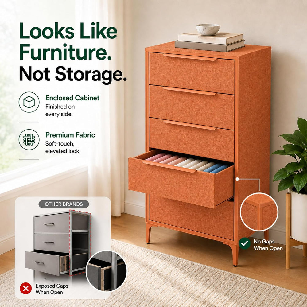 tinge Naima Premium Fabric Dresser - Strong Metal Frame, 5 Spacious Sag-Proof...