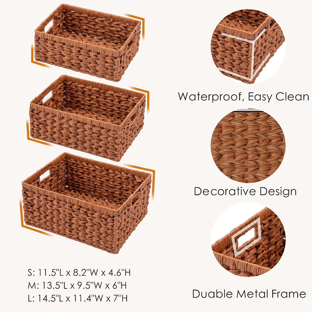 Set of 3 Wicker Storage Baskets, Decorative Baskets With Built-in Handles, Mu...