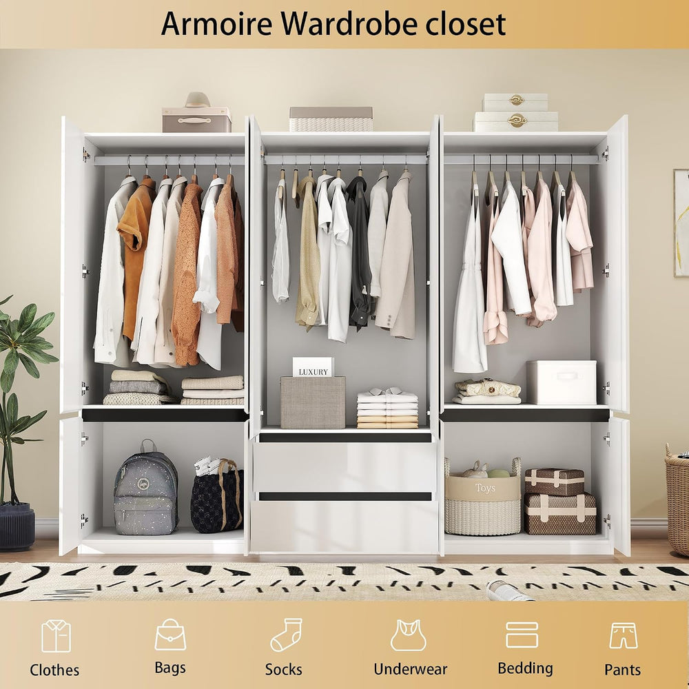 White Armoire Wardrobe Closet with 6 Doors: 75" H x 63" W