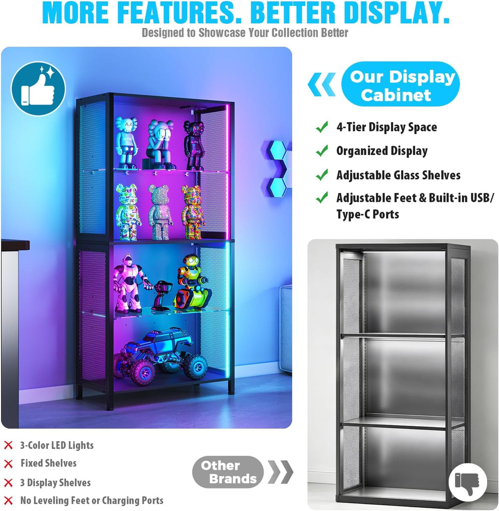 Display Case with RGB Lights & Metal Mesh Design, 4-Tier Display Cabinet