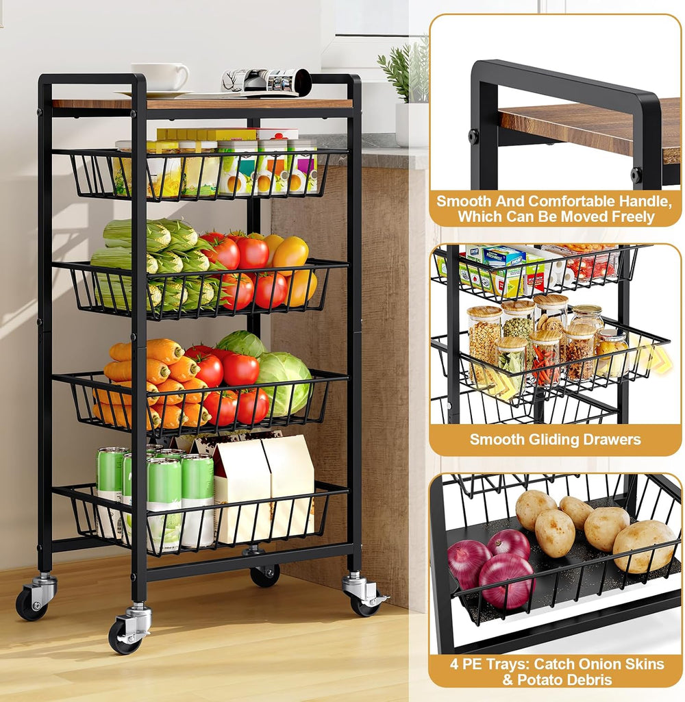 TOOLF 5 Tier Kitchen Storage Cart, Metal Utility Rolling Snack Cart