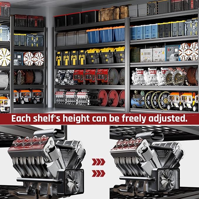 68" W Garage Shelving Heavy Duty, 5 Tier Garage Shelves, Adjustable Storage