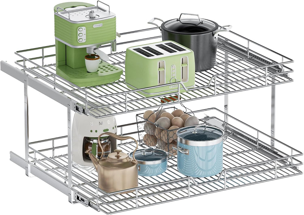 2-Tier Pull Out Cabinet Organizer, 27" W x 21.5" D, Heavy Duty Dual...
