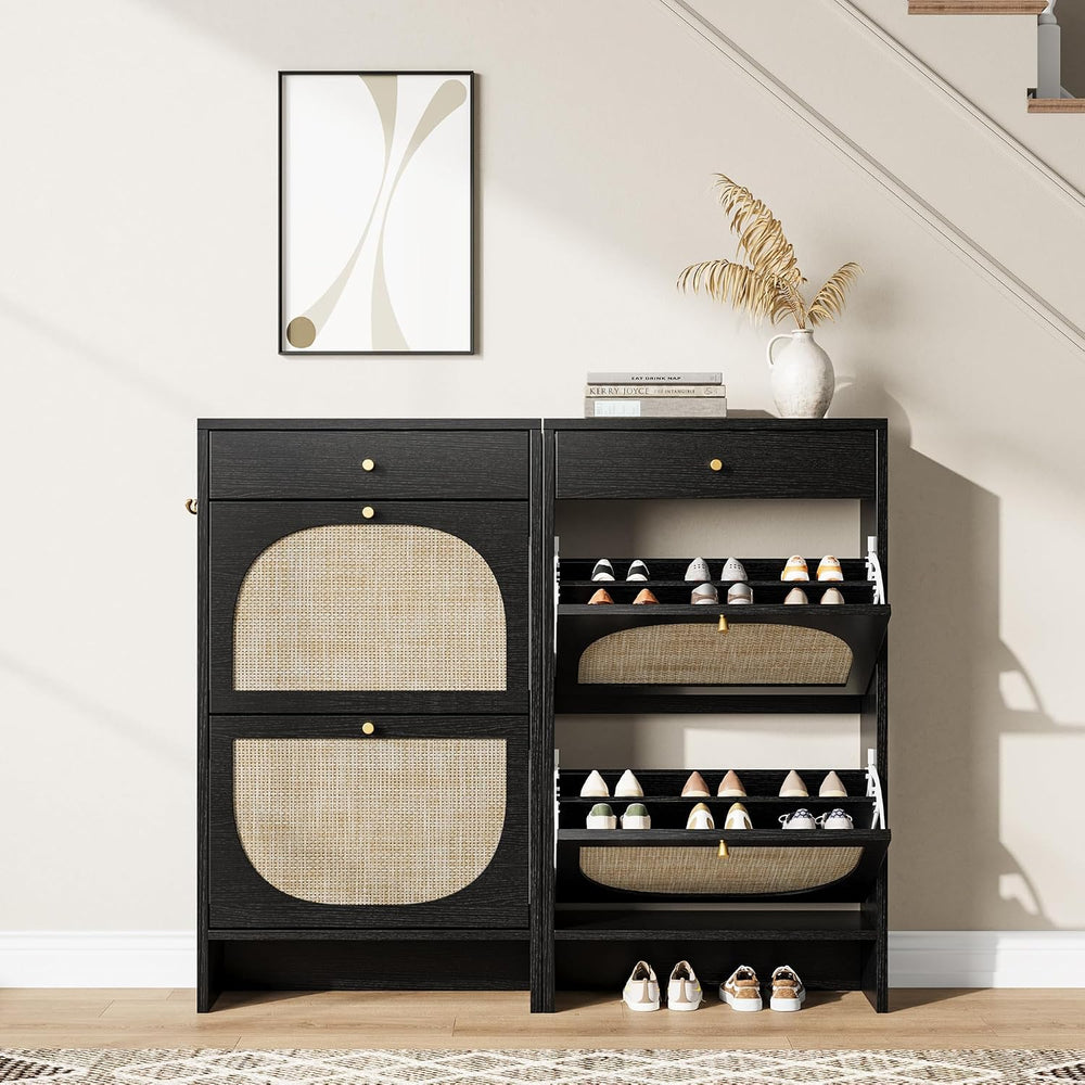 Nicetree Rattan Shoe Cabinet Storage for Entryway, Slim Shoe Rack with 2 Flip...
