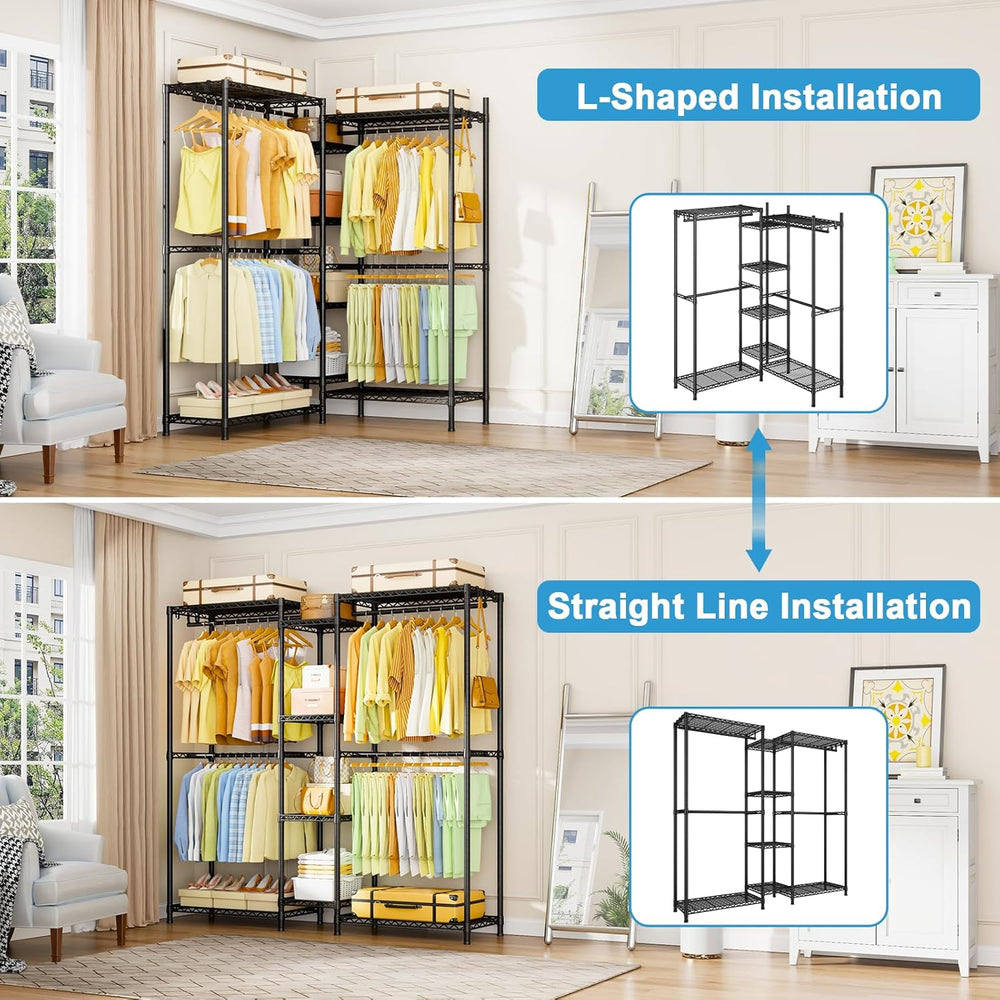 E4 Clothes Rack, Heavy-Duty Garment Rack Can Be L-Shaped Closet, Black