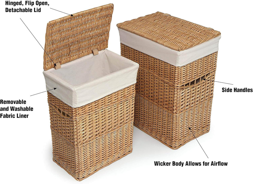 Badger Basket Wicker Two Hamper Set with Liner – Removable Liner, Nesting Ham...