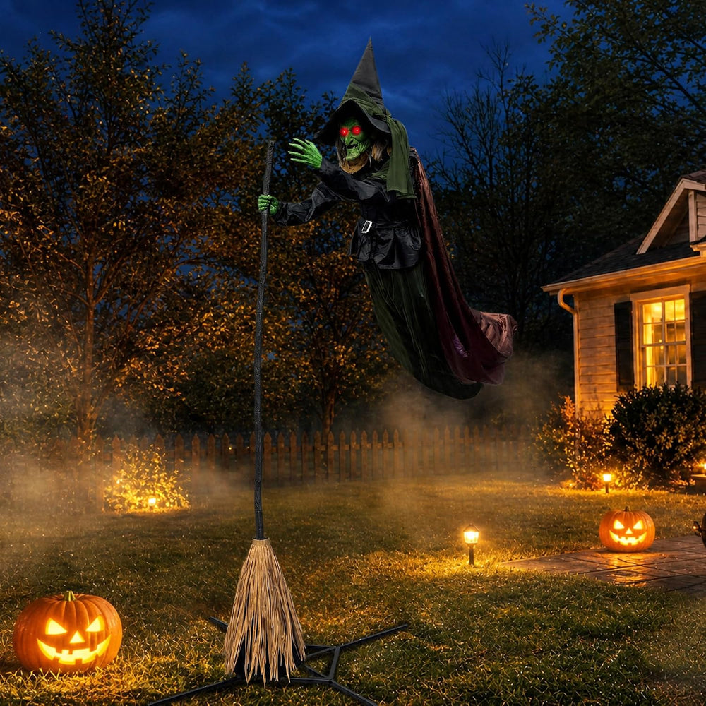 Halloween Animatronics Flying Witch Decorations Outdoor, 11ft Animated Floati...