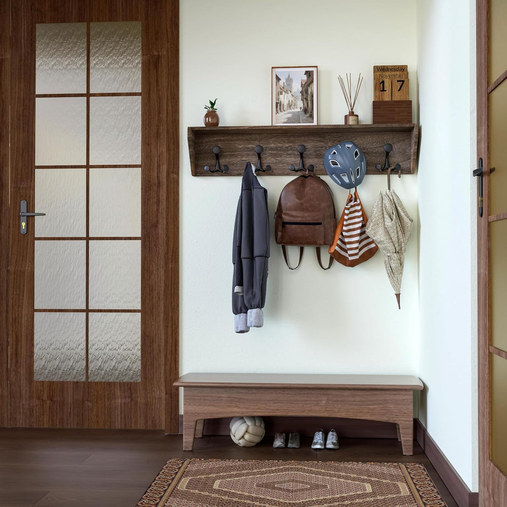 SKOLOO Wall Shelf with Hooks, 35-Inch Weathered Brown Wall Mounted Coat Rack ...